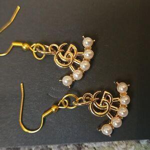 Gorgeous Gold Tone & Faux Pearl Dangle Iconic Logo Earrings